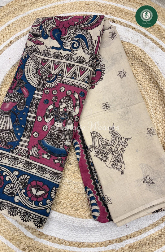 Mul Cotton Kalamkari Saree Artisans-Ivory with Blue