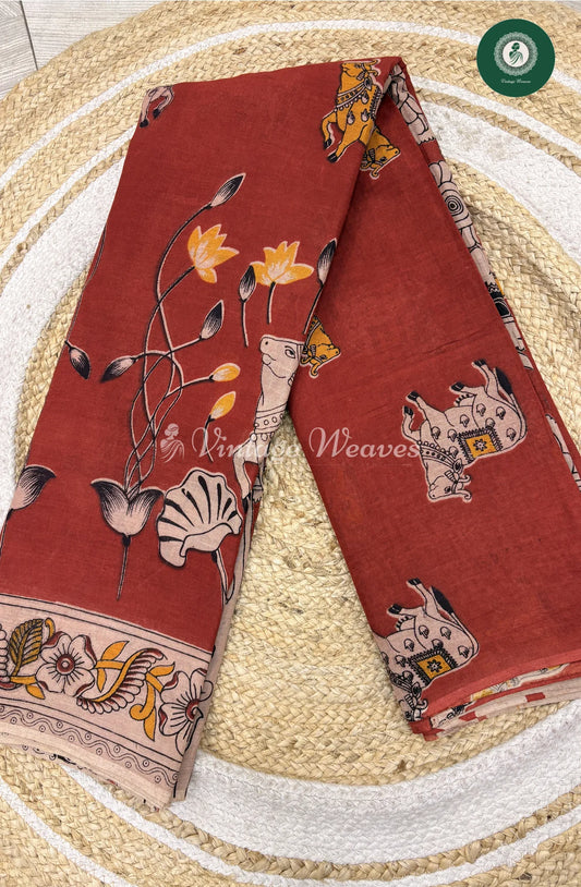 Mul Cotton Kalamkari Saree Cow-Marron