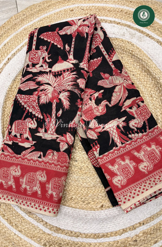 Mul Cotton Kalamkari Saree Elephant-Black