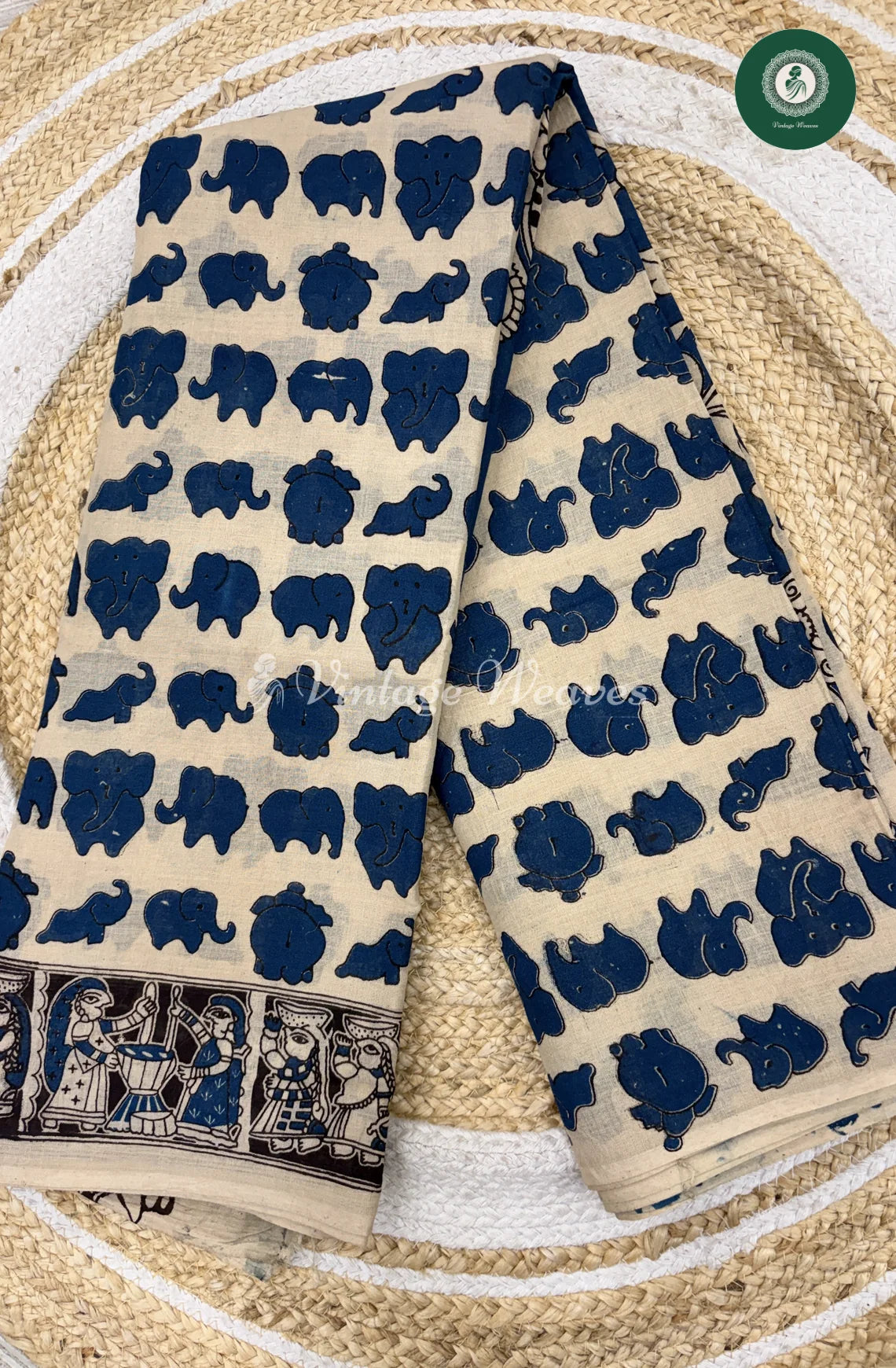 Mul Cotton Kalamkari Saree Elephant-Blue