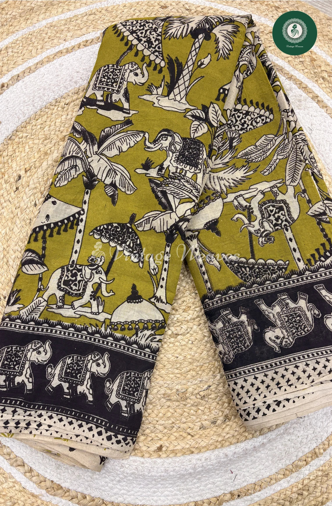 Mul Cotton Kalamkari Saree Elephant -Green