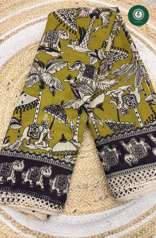 Mul Cotton Kalamkari Saree Elephant -Green