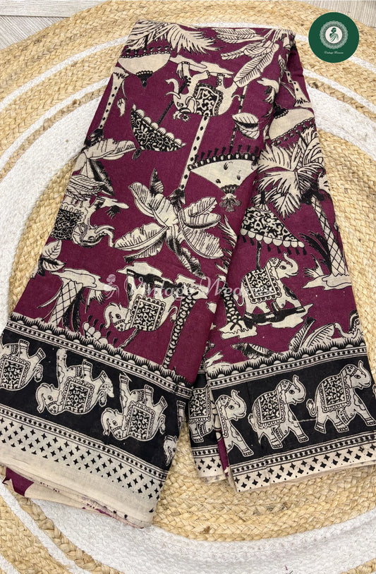 Mul Cotton Kalamkari Saree Elephant-Pink_1