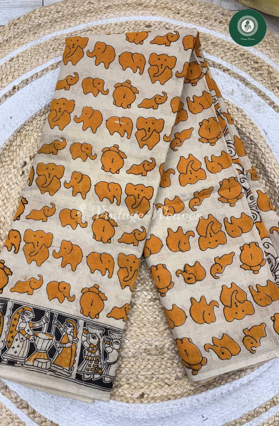 Mul Cotton Kalamkari Saree Elephant-Yellow