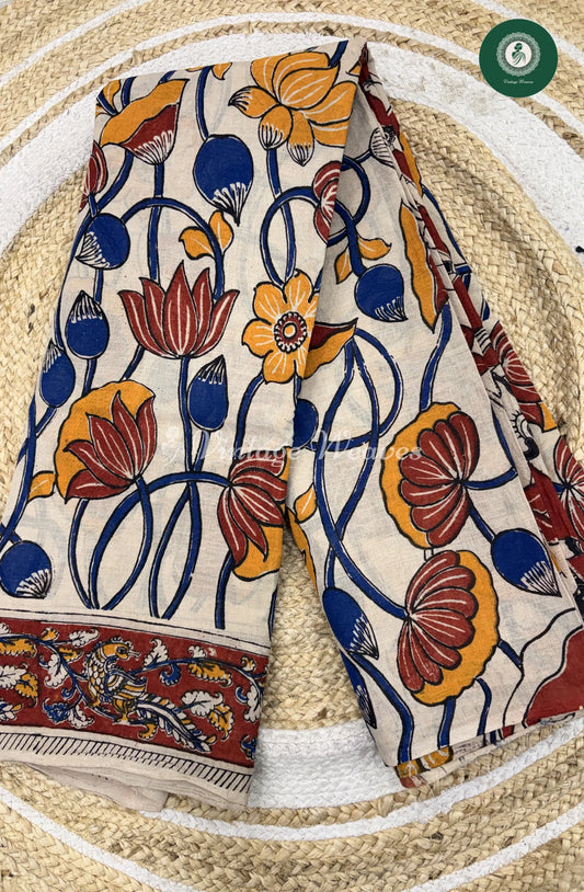 Mul Cotton Kalamkari Saree Flower -Blue