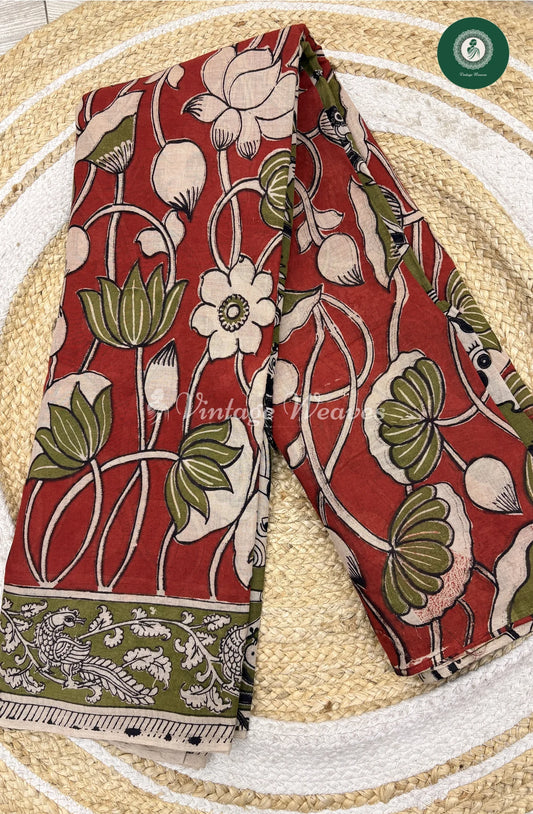 Mul Cotton Kalamkari Saree Flower -Marron