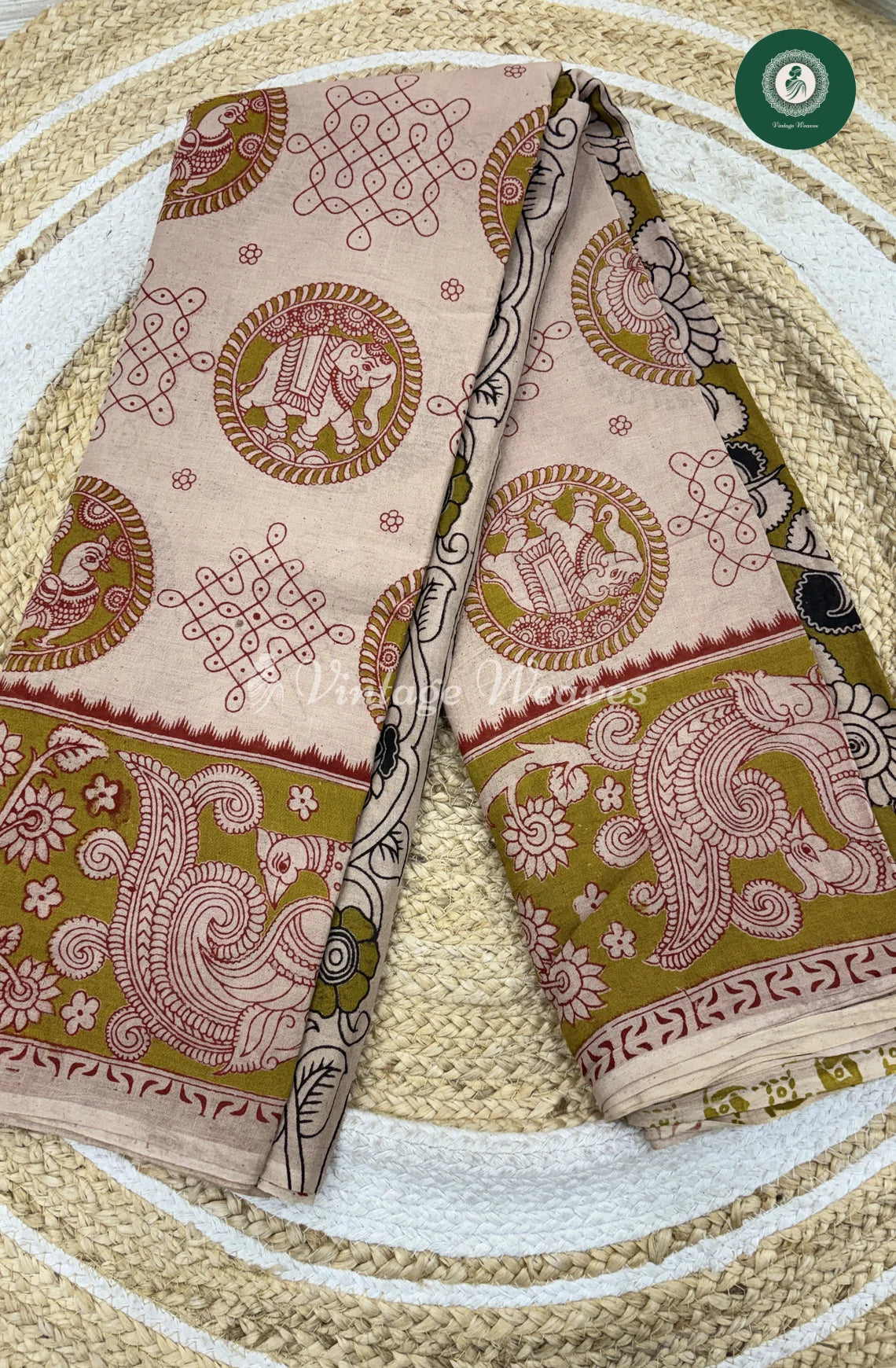 Mul Cotton Kalamkari Saree Kollam-Green