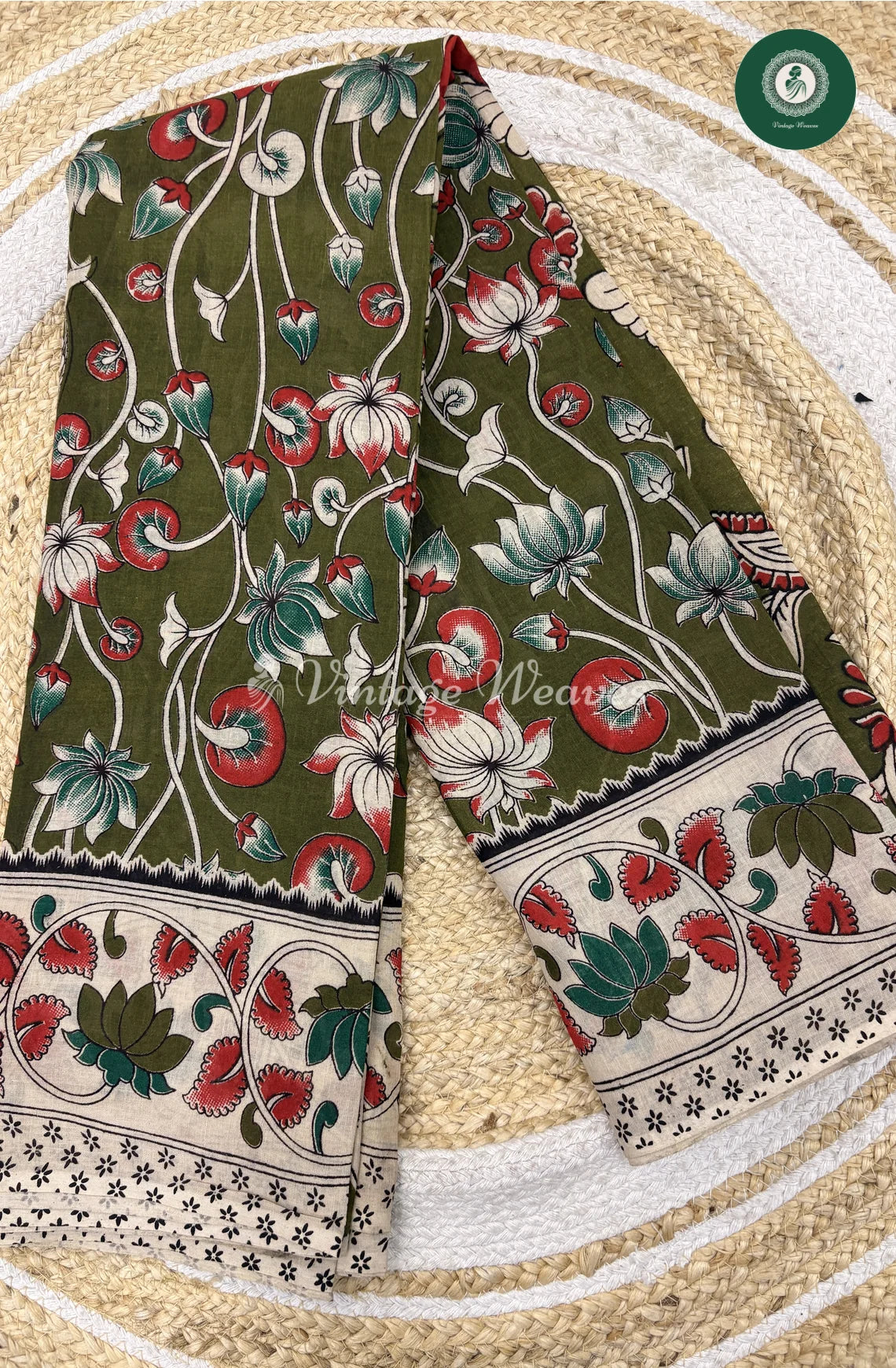 Mul Cotton Kalamkari Saree Lotus-Green_1