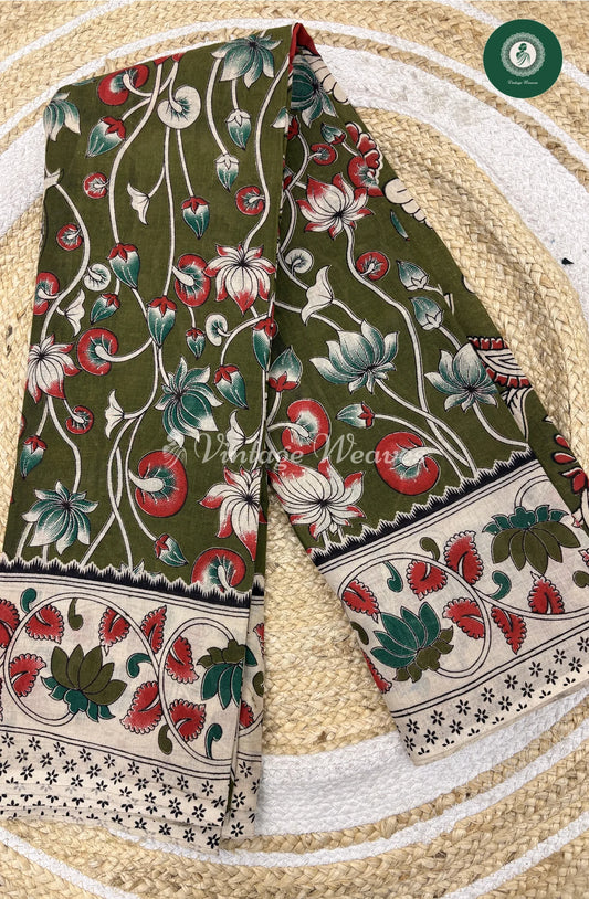 Mul Cotton Kalamkari Saree Lotus-Green_1