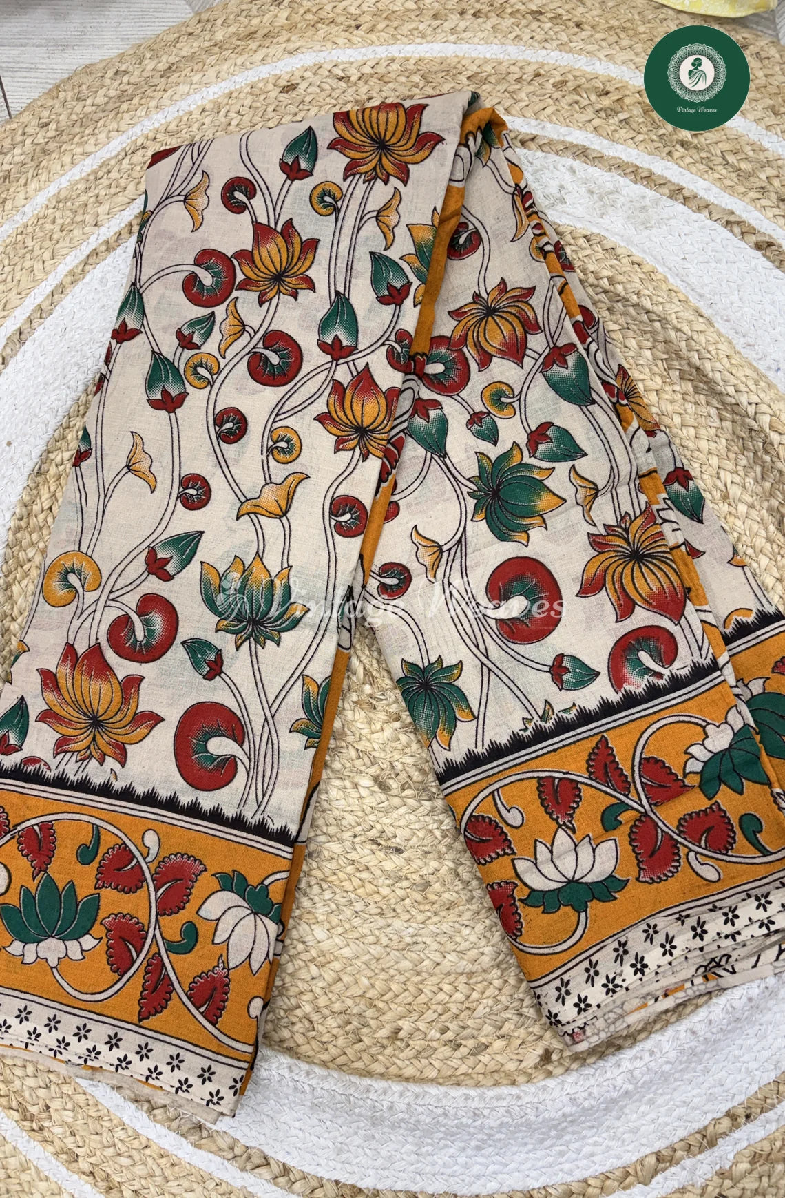 Mul Cotton Kalamkari Saree Lotus- Halfwhite