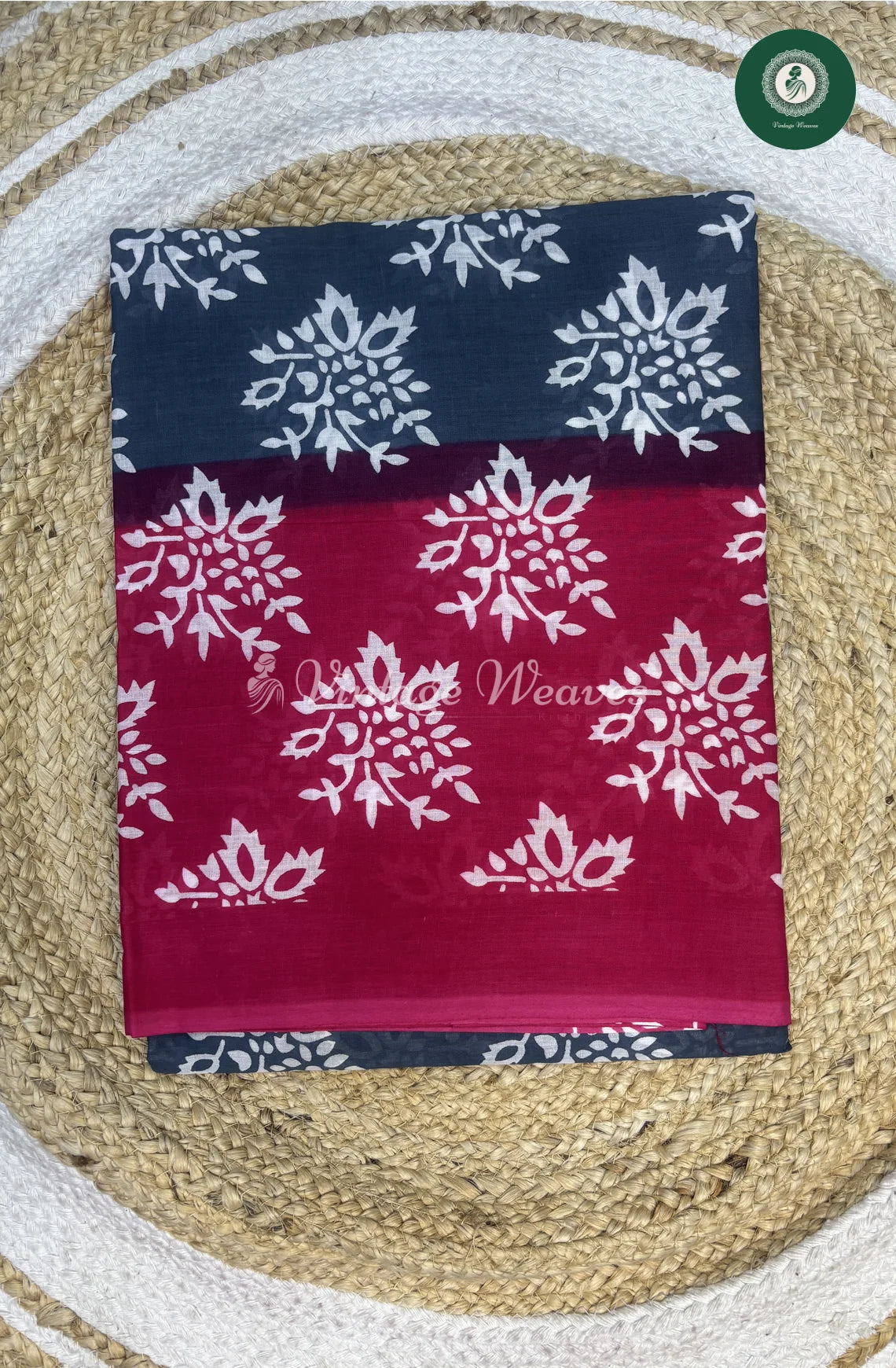 Mul Cotton Saree-Blue With Red