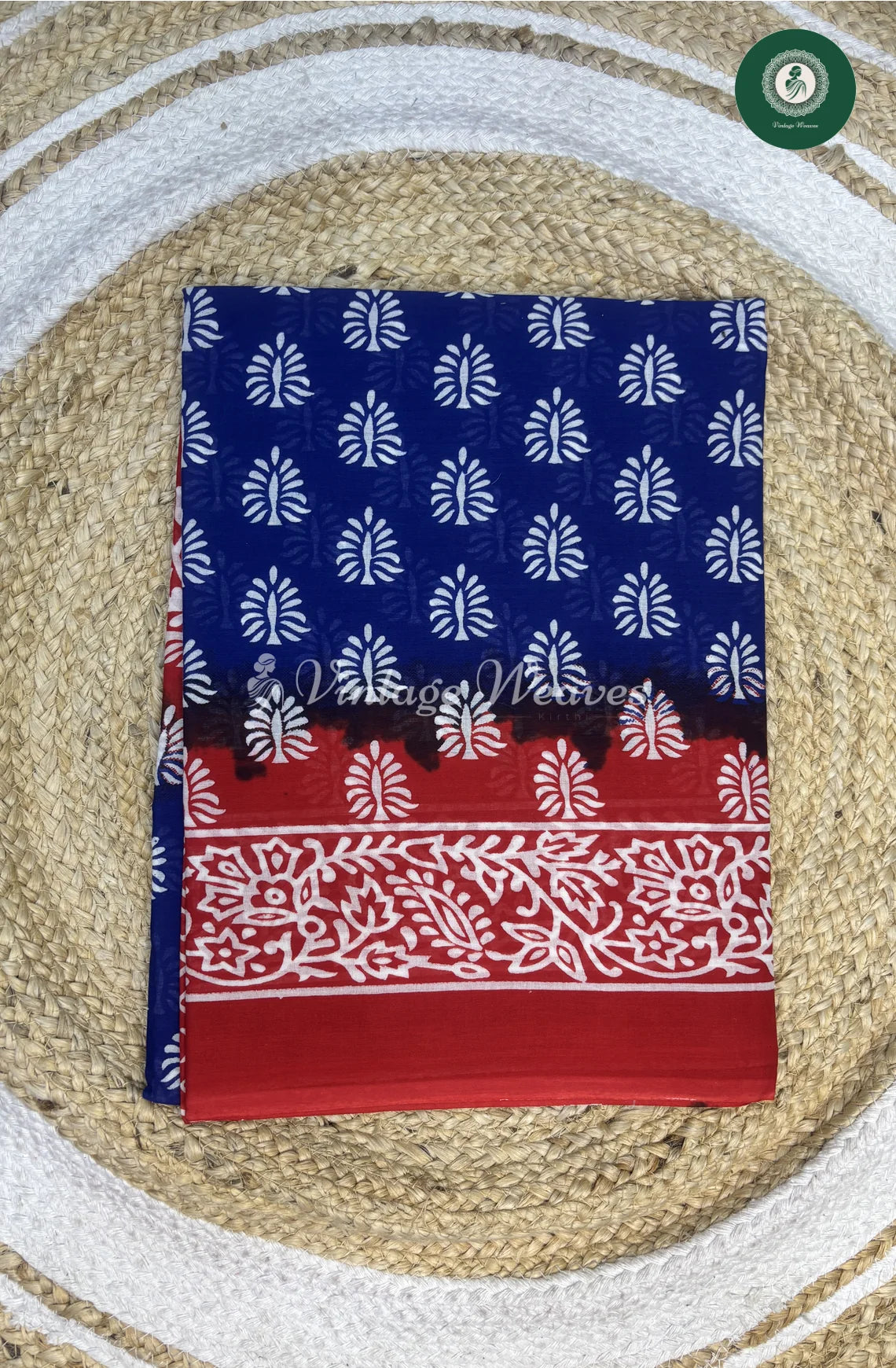 Mul Cotton Saree -Blue With Red Color