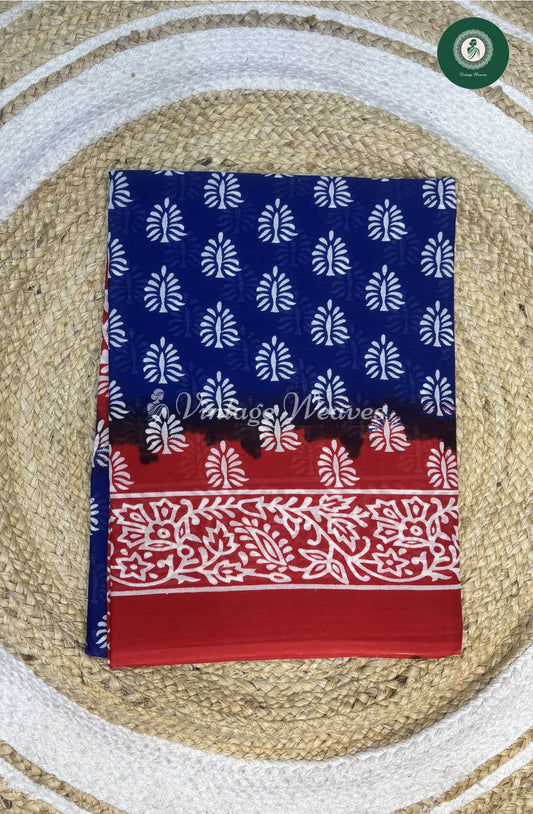 Mul Cotton Saree -Blue With Red Color