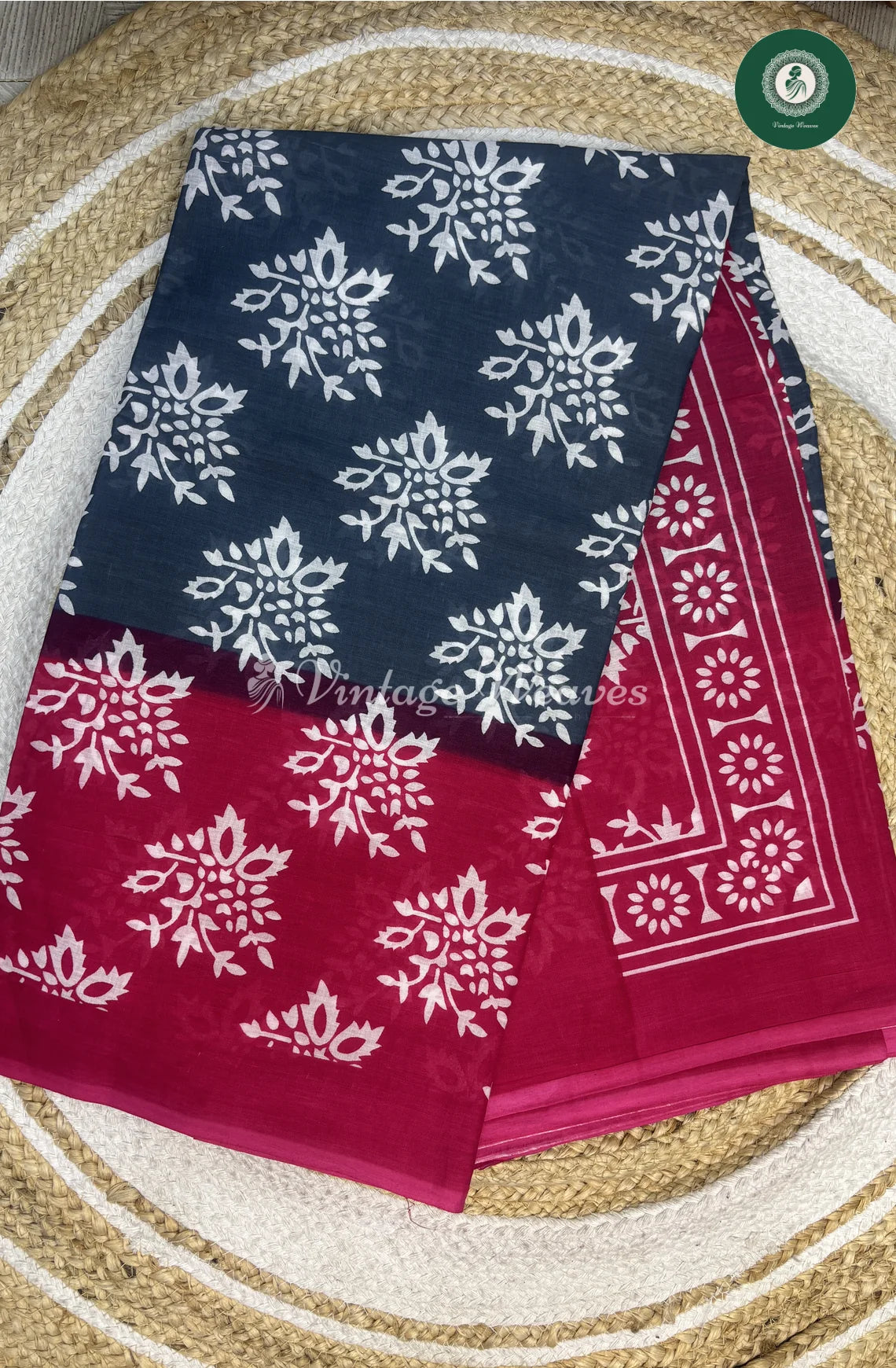 Mul Cotton Saree-Blue With Red