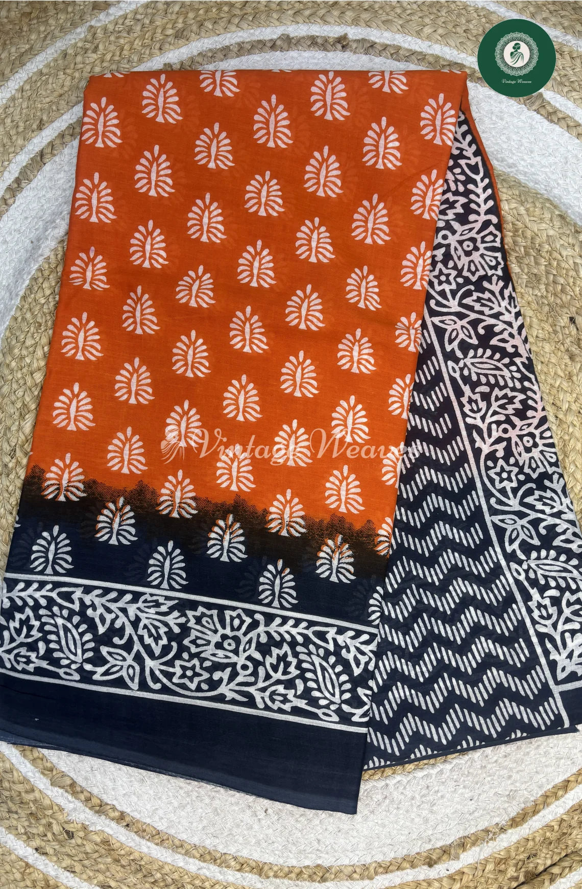 Mild Orange With Blue print Mulcotton Saree