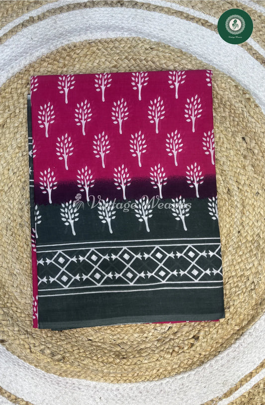 Mul Cotton Saree-Pink With Green