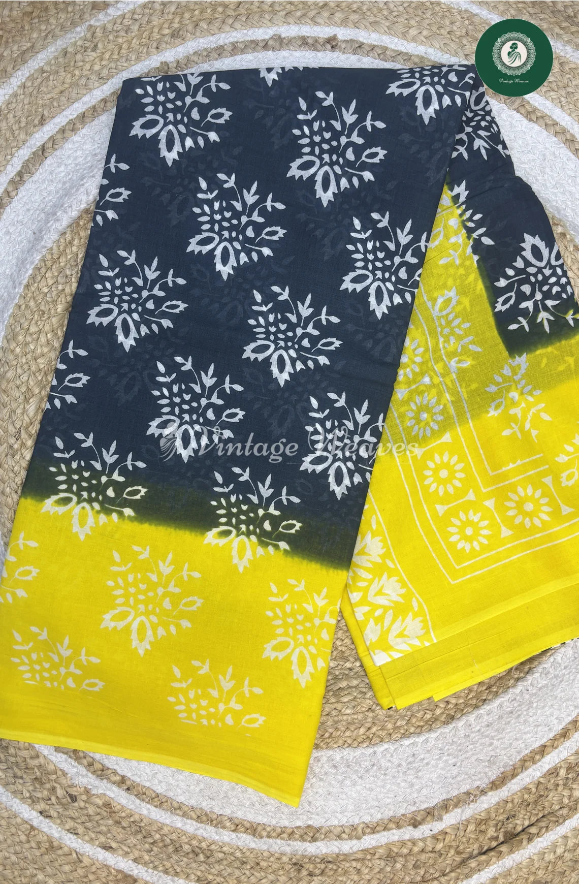 Mul Cotton Saree-Blue With Yellow