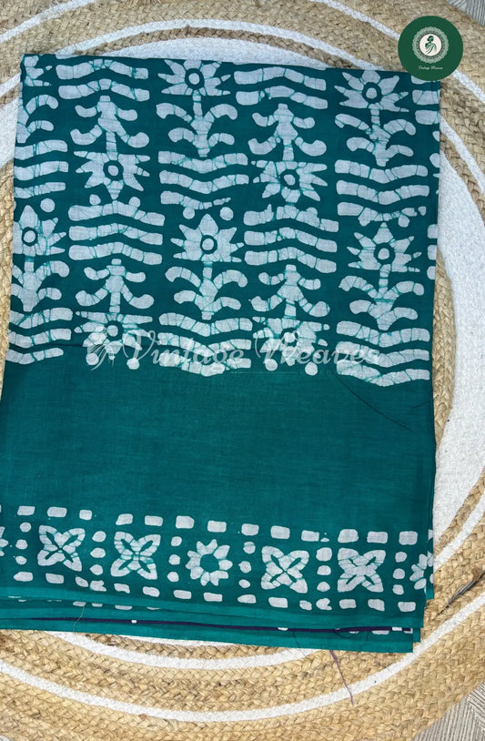 Mul Cotton Saree Batik Print Contrast Pallu1-SeaGreen