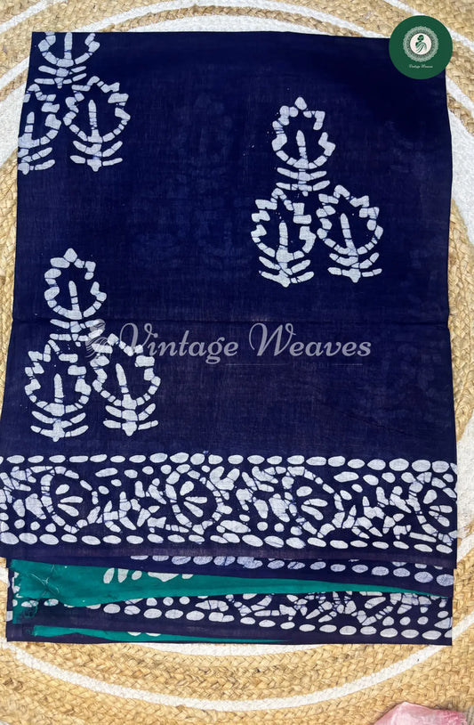 Mul Cotton Saree Batik Print ContrastPallu-Blue with Green