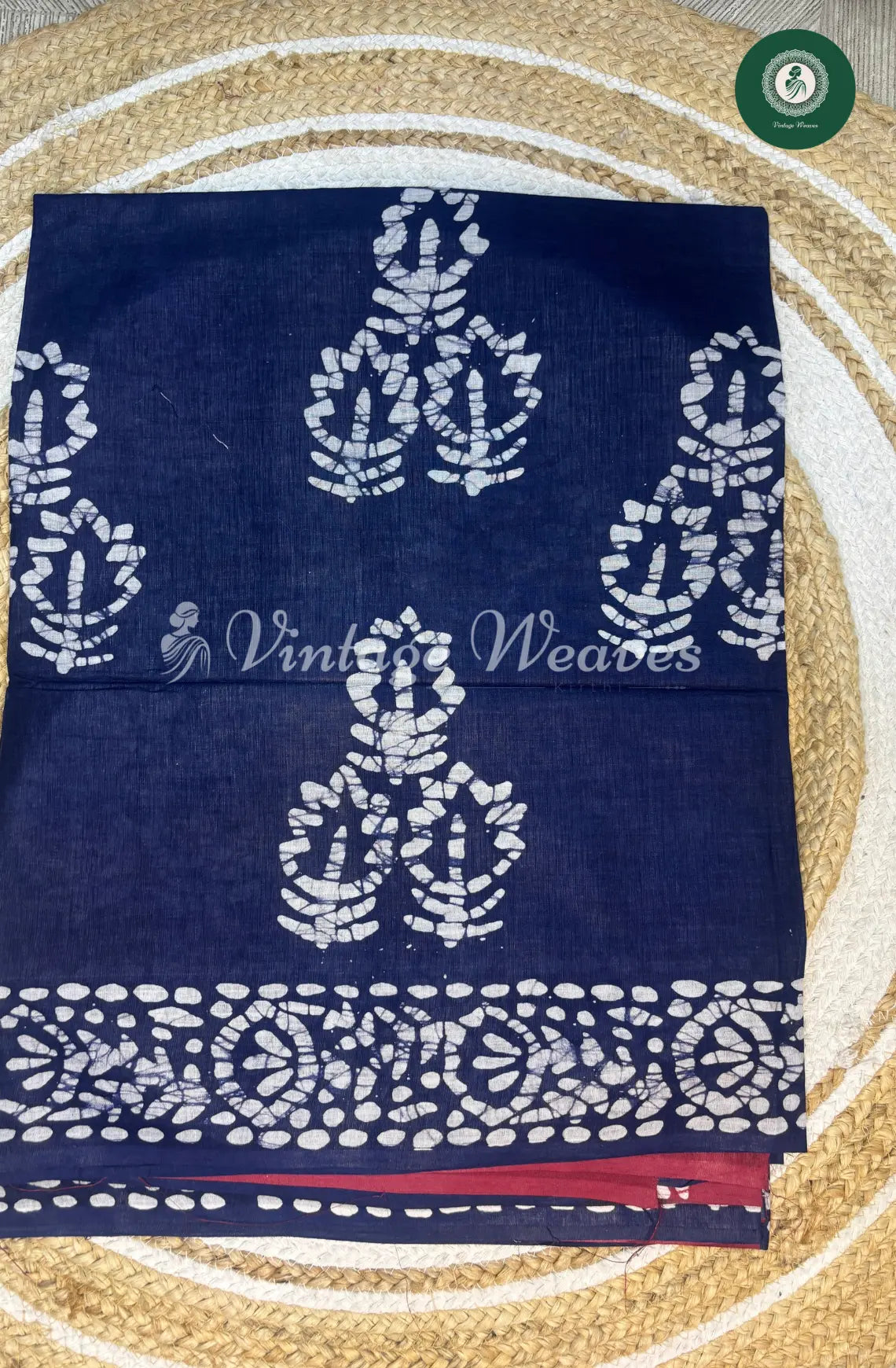 Mul Cotton Saree Batik Print ContrastPallu-Blue withRed