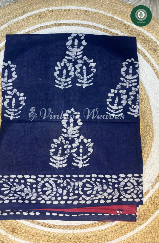 Mul Cotton Saree Batik Print ContrastPallu-Blue withRed