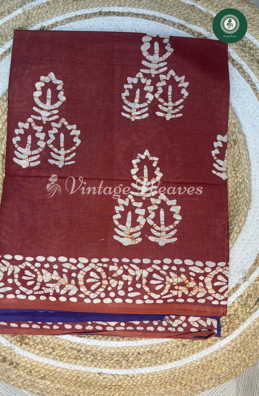 Mul Cotton Saree Batik Print ContrastPallu-Brown1