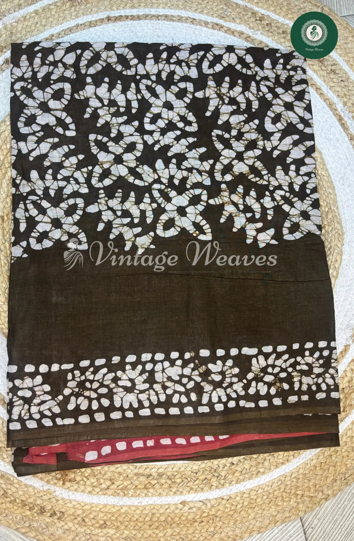 Mul Cotton Saree Batik Print Contrast Pallu-DarkGreen