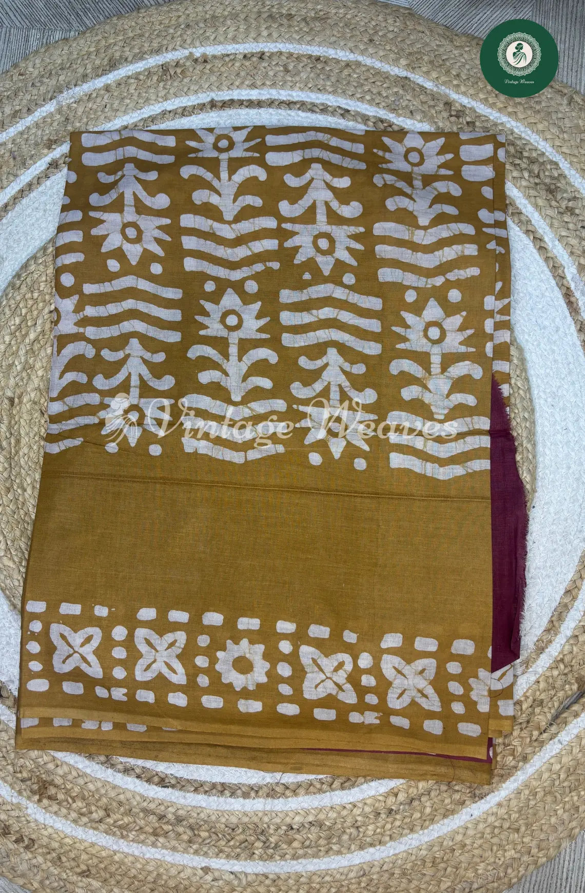 Mul Cotton Saree Batik Print Contrast Pallu-Mustard