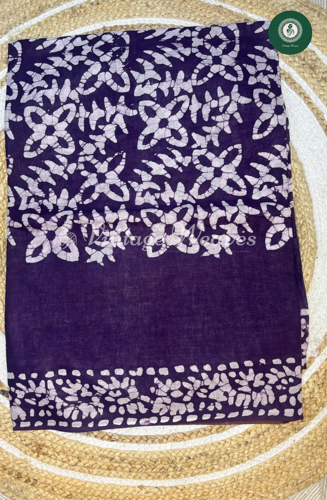 Mul Cotton Saree Batik flowerPrint ContrastPallu-Lavender