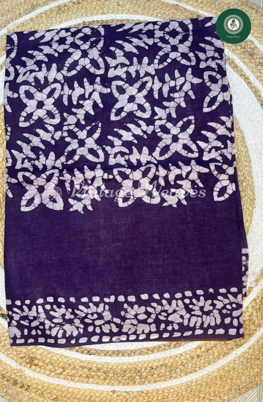 Mul Cotton Saree Batik flowerPrint ContrastPallu-Lavender