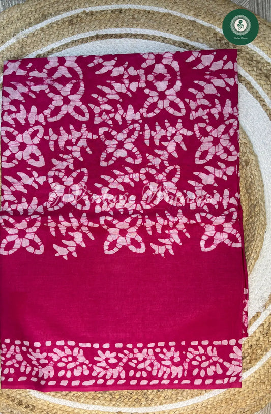 Mul Cotton Saree Batik flowerPrint ContrastPallu-Pink