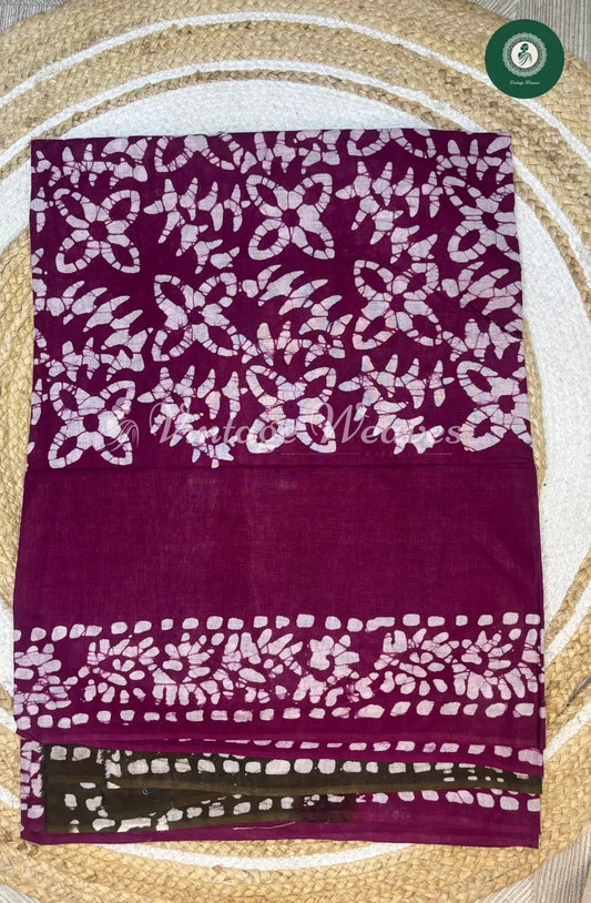 Mul Cotton Saree Batik flowerPrint ContrastPallu-Wine