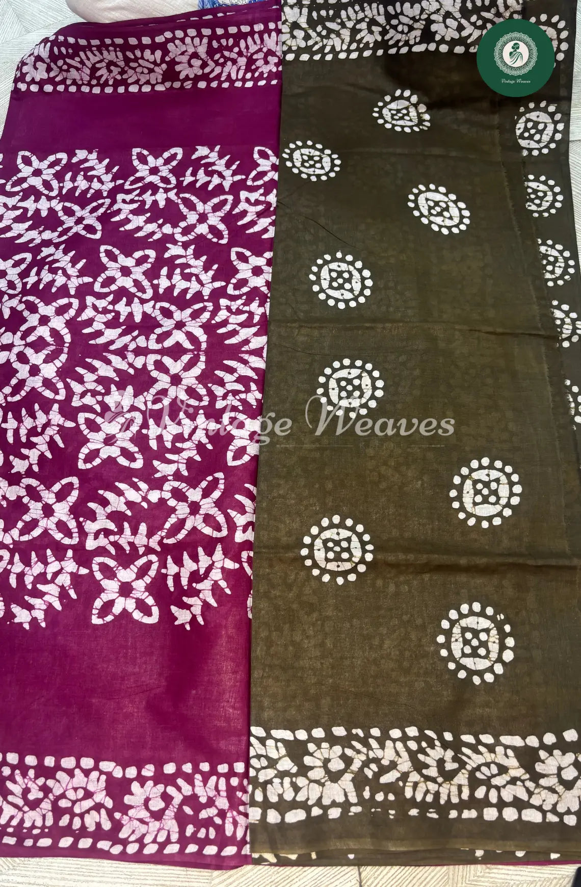 Mul Cotton Saree Batik flowerPrint ContrastPallu-Wine