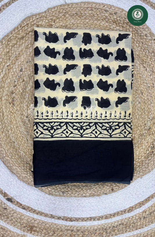 Mul Cotton Saree Elephant Print- Black