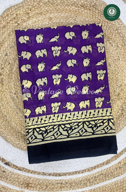 Mul Cotton Saree Elephant Print-Purple