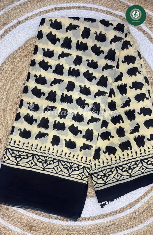 Mul Cotton Saree Elephant Print- Black