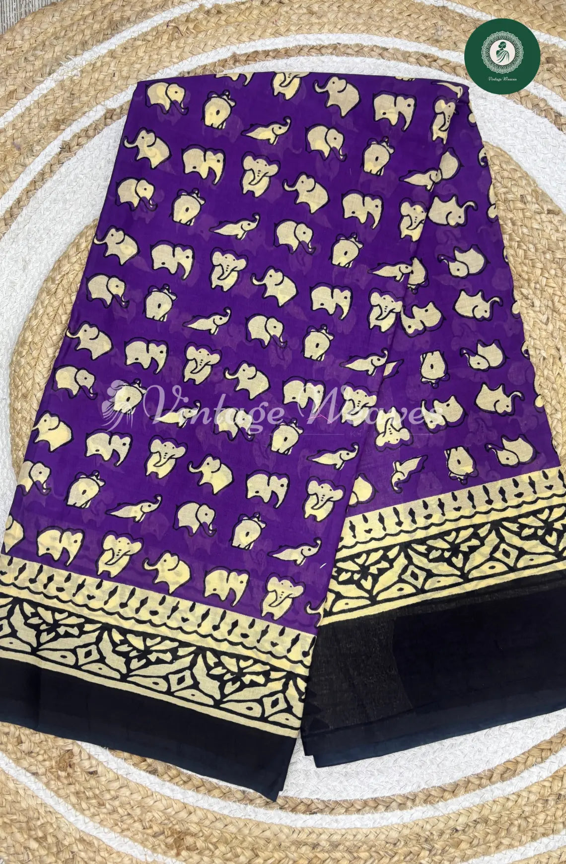 Mul Cotton Saree Elephant Print-Purple
