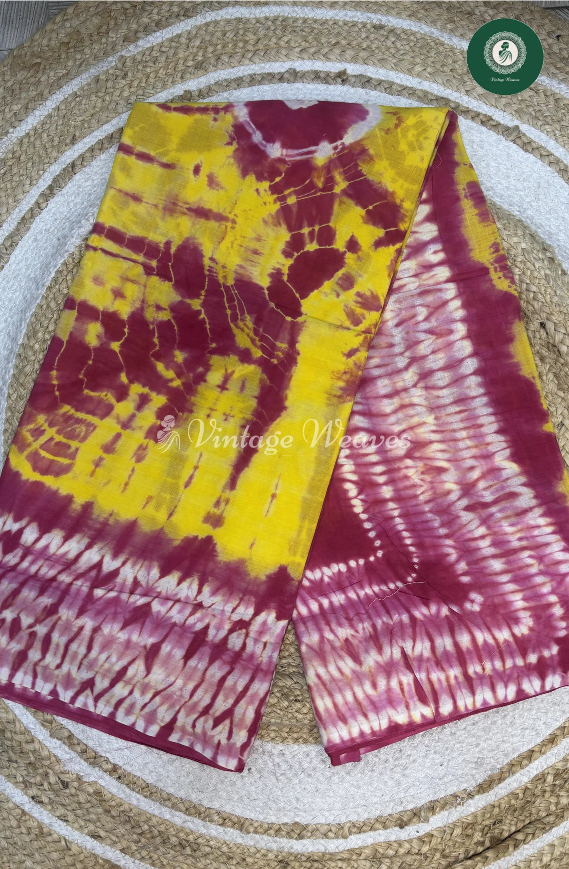 Mul Cotton Saree Shibori-Yellow With Pink