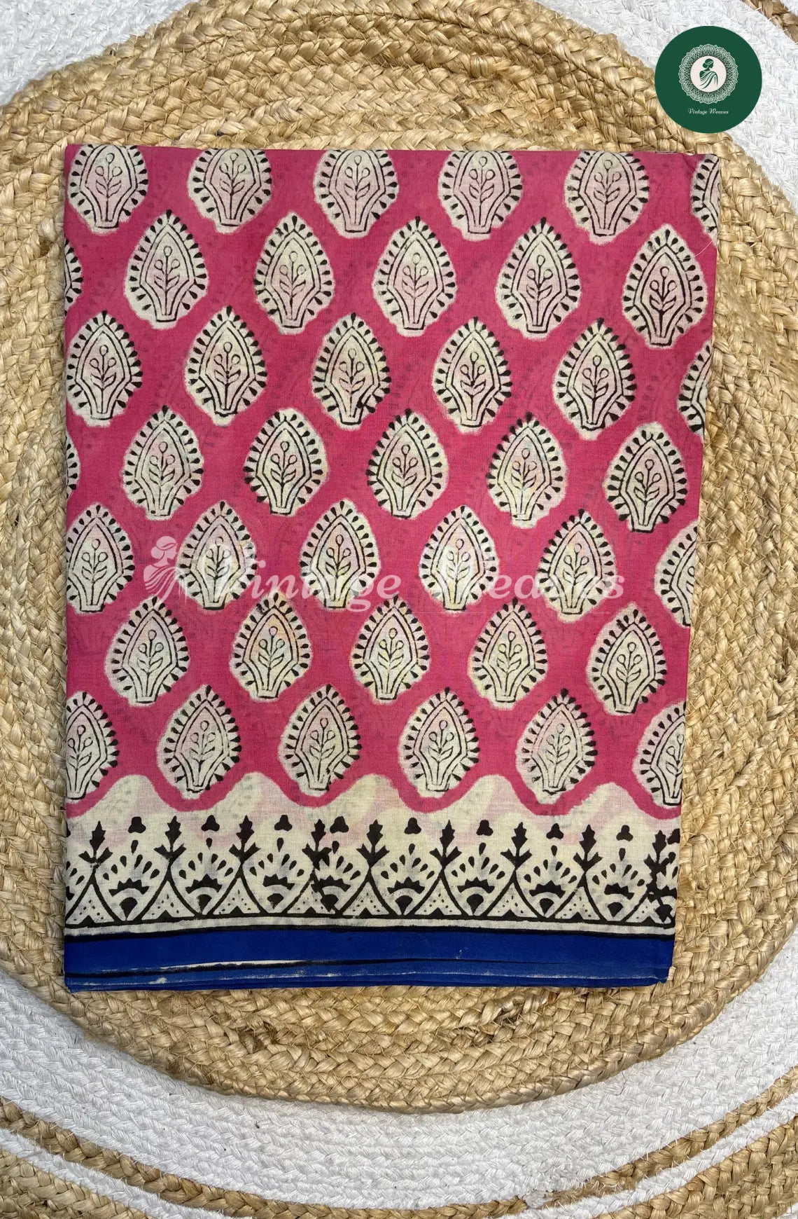 Mul cotton Handblock Print-Pink with Blue