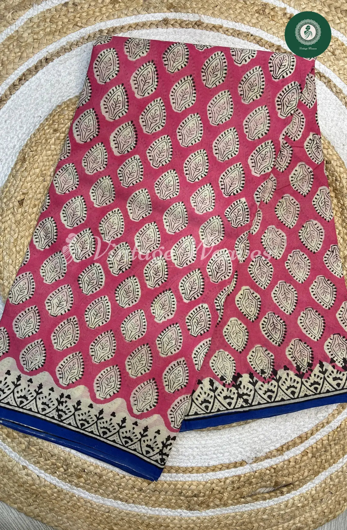 Mul cotton Handblock Print-Pink with Blue
