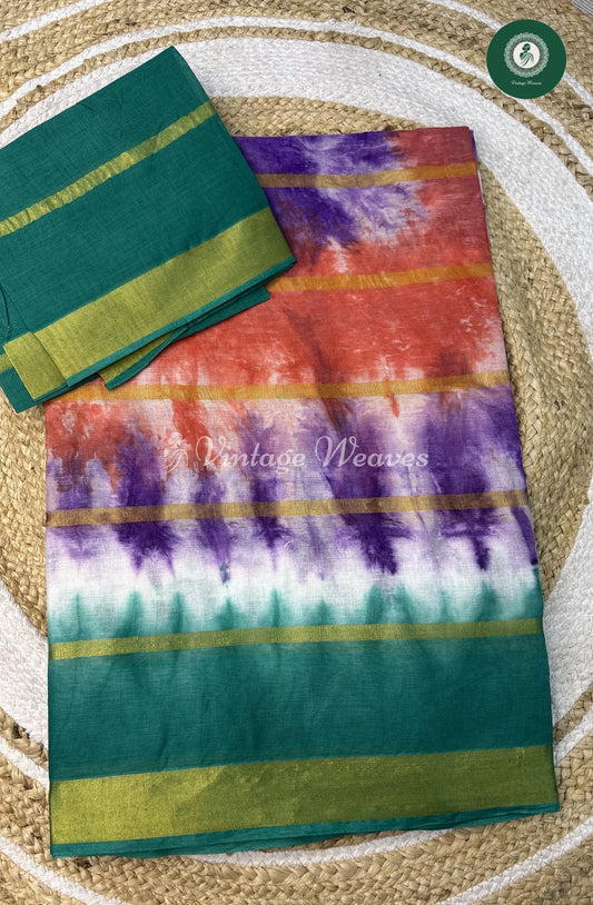 Multicolor DailyWearCotton Saree-OrangewithRamagreen