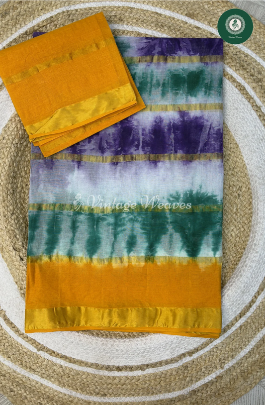 Multicolor Daily Wear Cotton Saree Shibori-Bluewithwhite