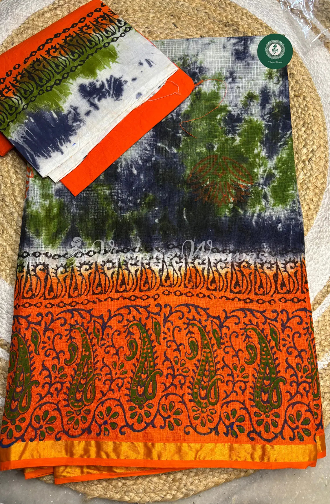 Multicolor Kota Cotton Saree With Mango Printed Mild Zari Border-Orange