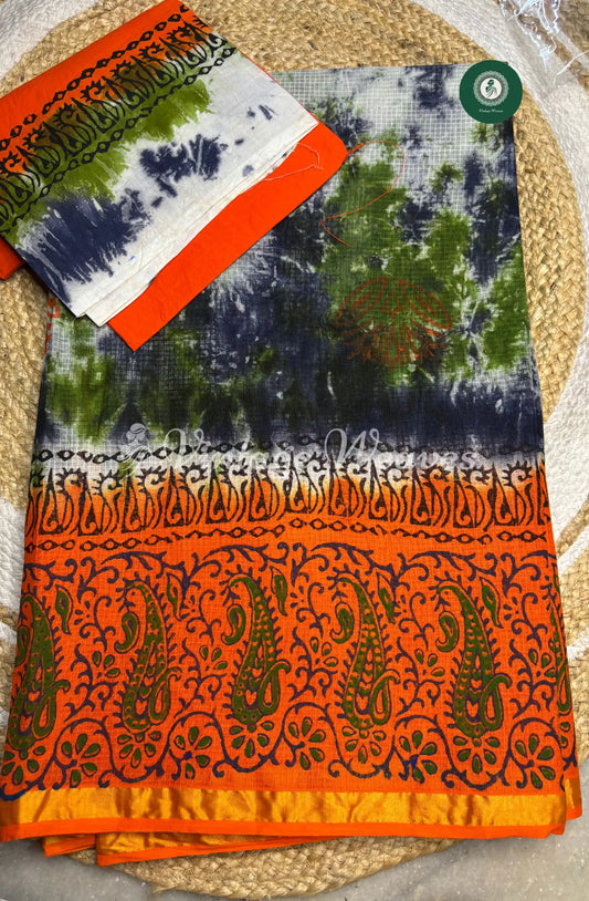 Multicolor Kota Cotton Saree With Mango Printed Mild Zari Border-Orange