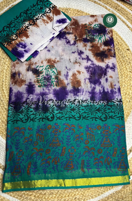 Multicolor Kota Cotton Saree With Mild Zari Border-Blue