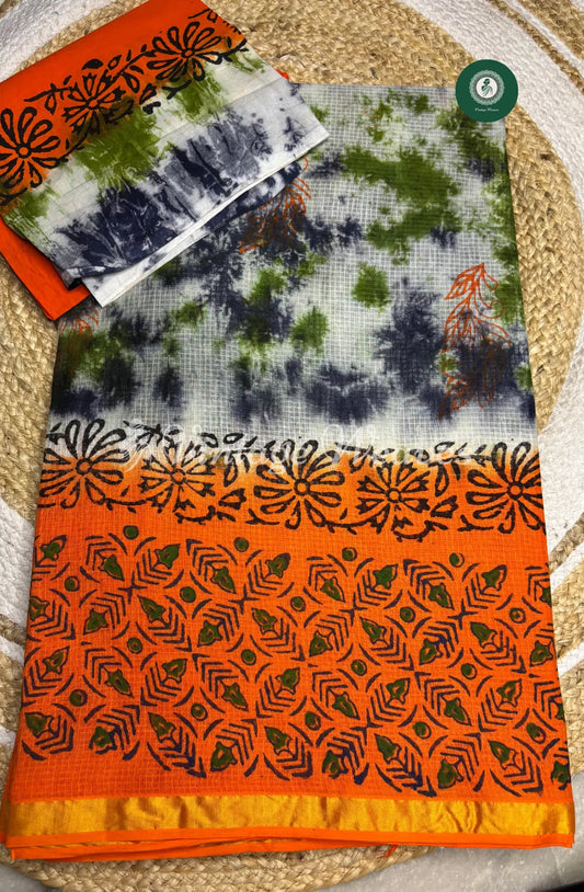 Multicolor Kota Cotton Saree With Mild Zari Border-Orange