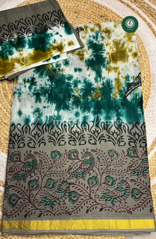Multicolor Kota Cotton Saree With Peacock Printed Mild Zari Border-Grey