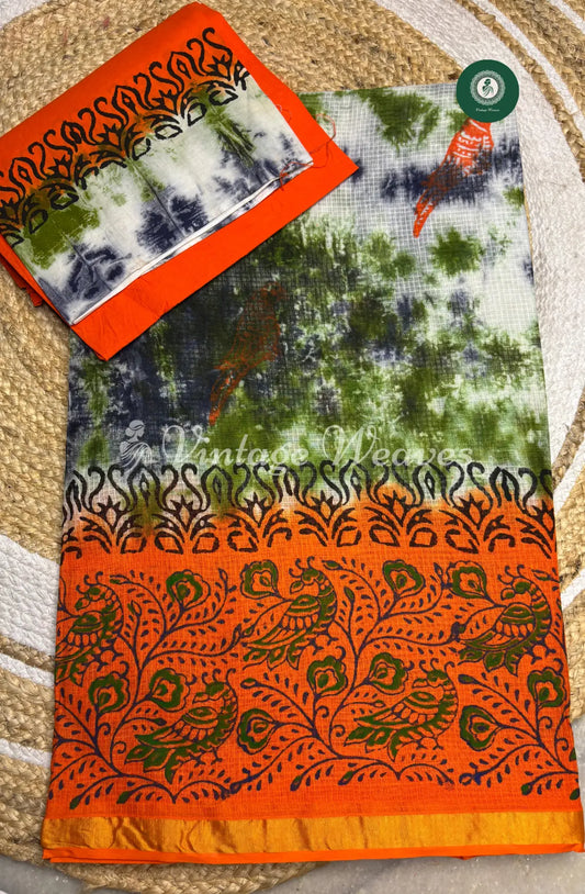 Multicolor Kota Cotton Saree With  Peacock Printed Mild Zari Border-Orange