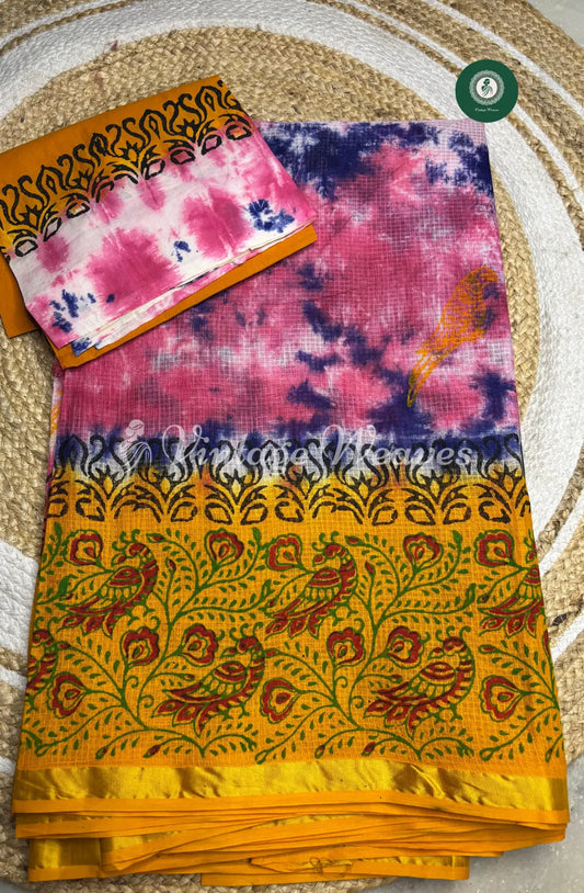 Multicolor Kota Cotton Saree With Peacock Printed Mild Zari Border-Yellow