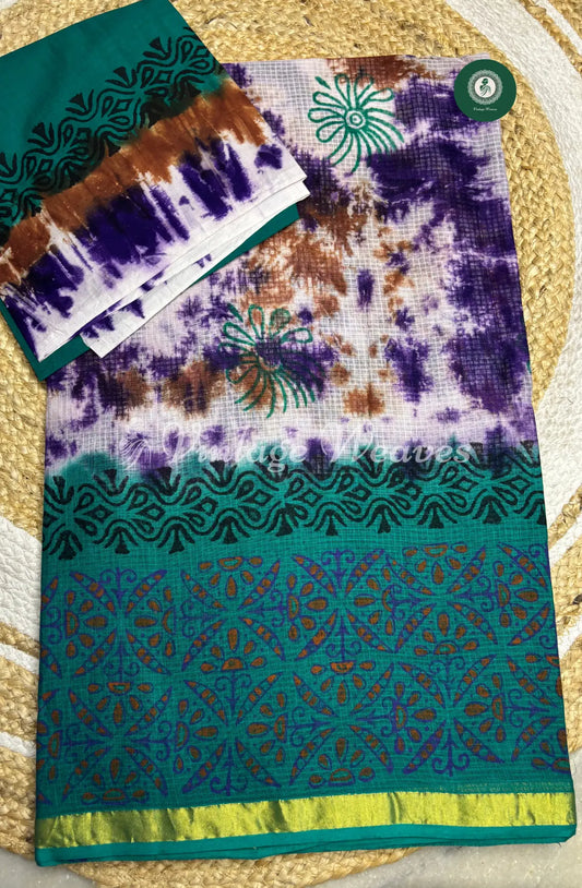 Multicolor Kota Cotton Saree With  Printed Mild Zari Border-Blue